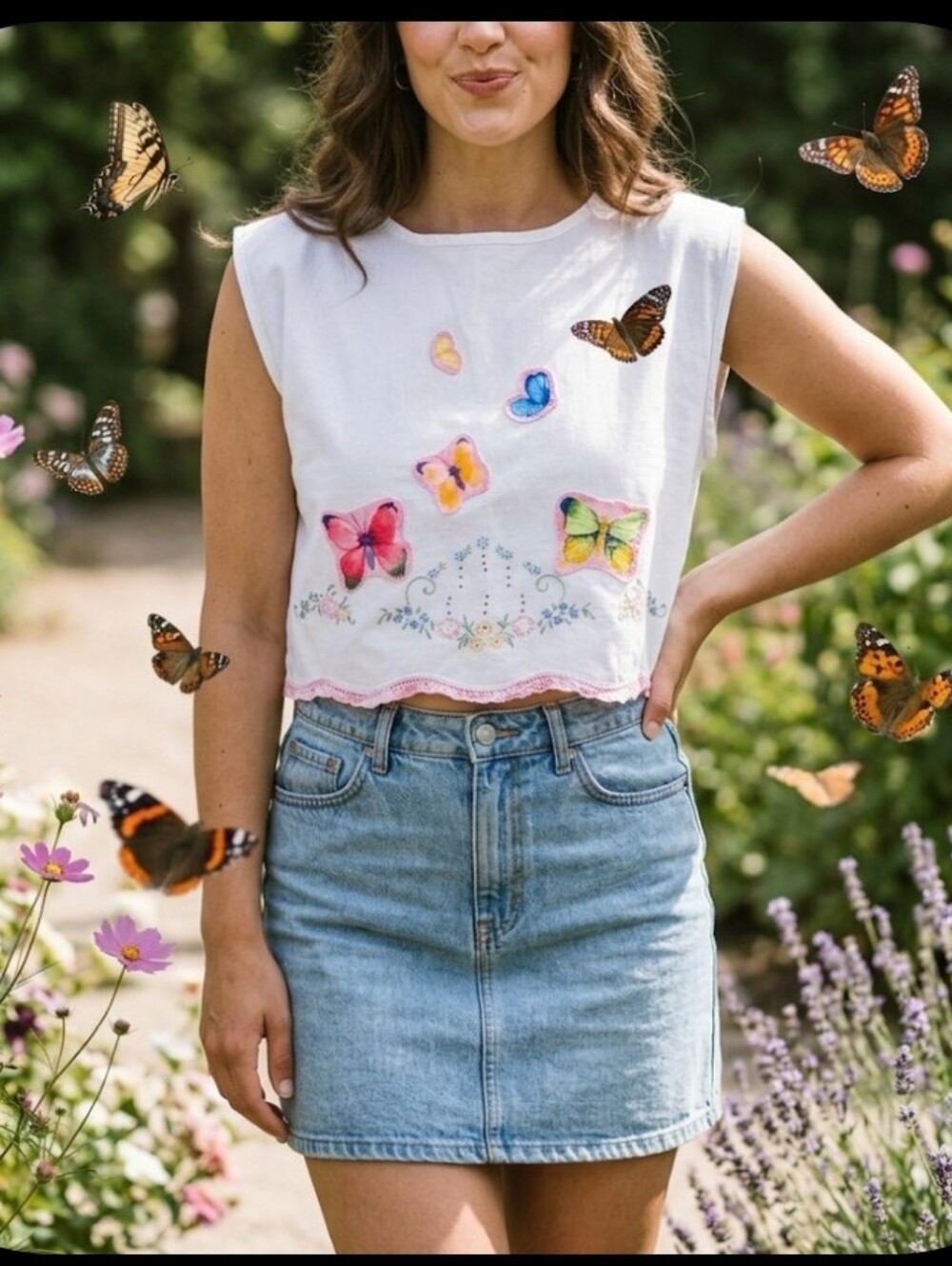 Upcycled Vtg Embroiderrd Crop TOP S-M Dont Throw It Out Butterflies